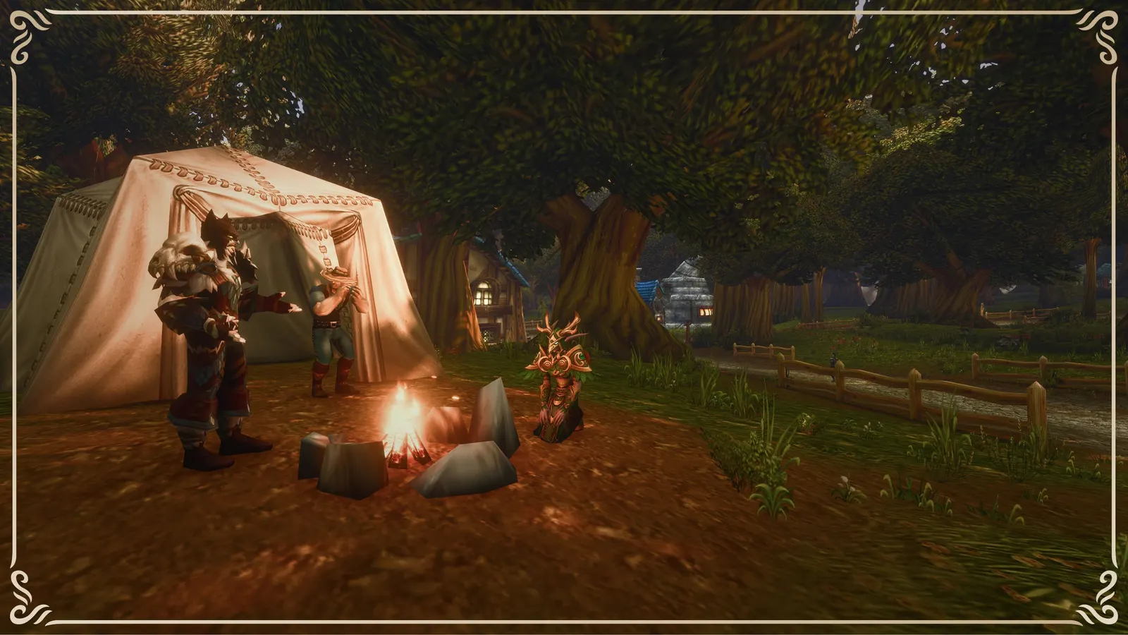 Aventuriers assis autour d’un feu de camp la nuit.